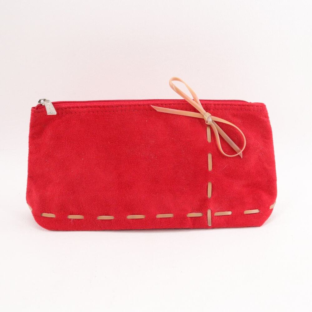 Lancome Makeup Bag Small Red Ultra Suede Tan Stitch Bow Zipper Pouch Lined